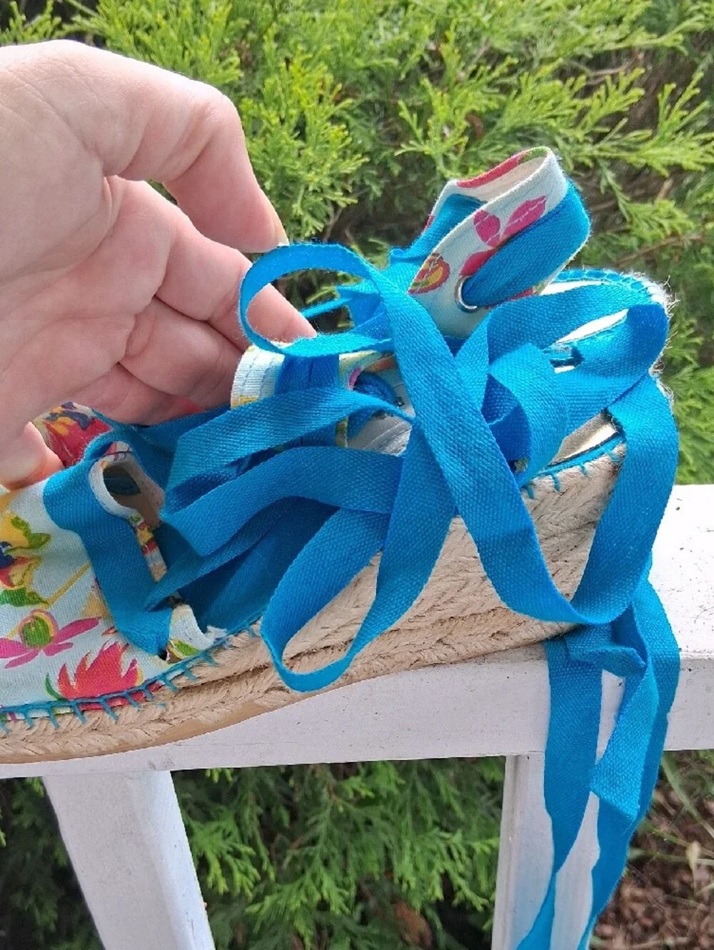 Anne Klein Floral Espadrille Sandals with Bright Blue Ties
